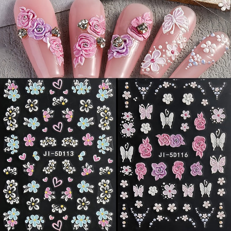 2sheets 5D Embossed Flower Nail Stickers Pink Blue Petals Butterfly French Line Acrylic Spring Summer Floral Slider Nail Decor Nail Art Supplies